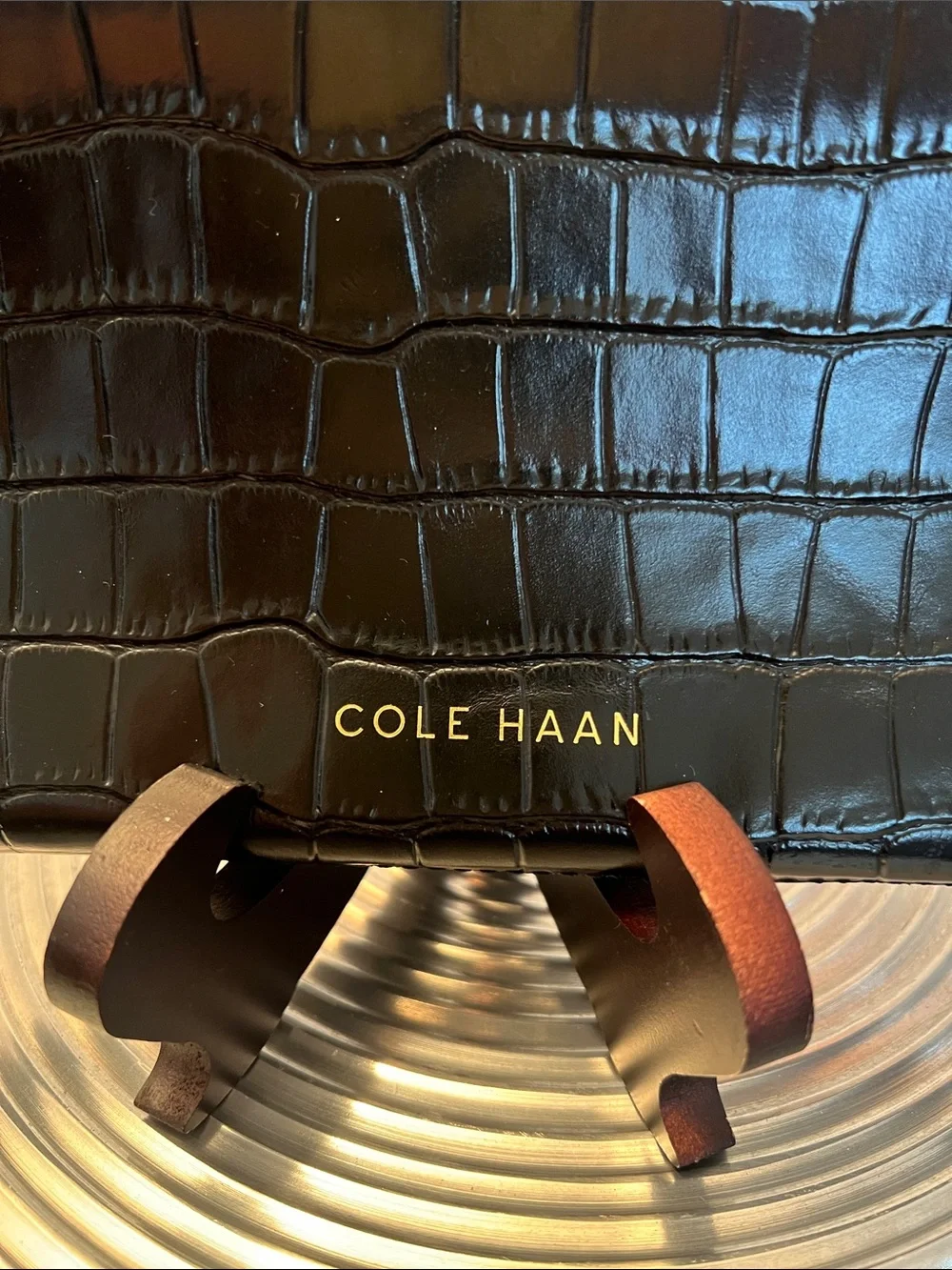 Cole Haan NWOT Black Croc-Embossed Leather Wristlet with Gold Hardware